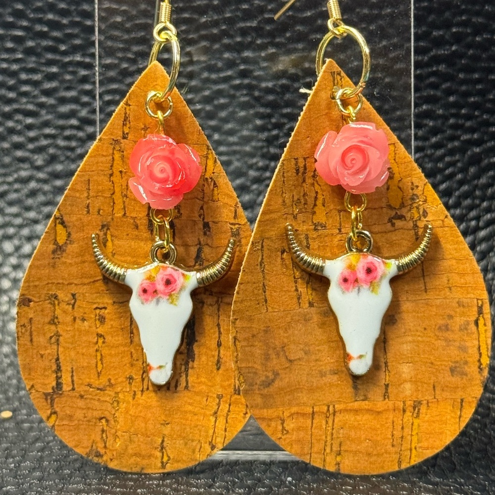 Boho Bull Skull Earrings with Pink Roses